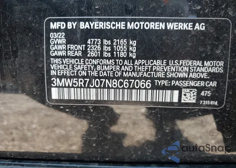 2022 BMW 330I xDrive from USA, damaged, VIN 3MW5R7J07N8C67066